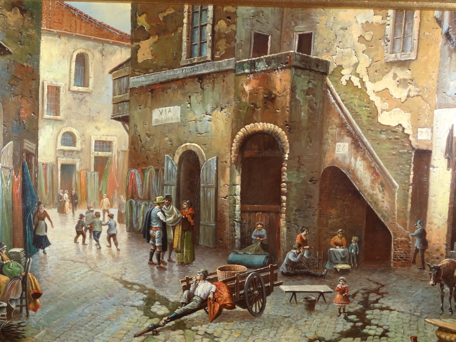 G. Schroter. Town scene with numerous figures, oil on board, signed lower left, 40cm x 59cm.