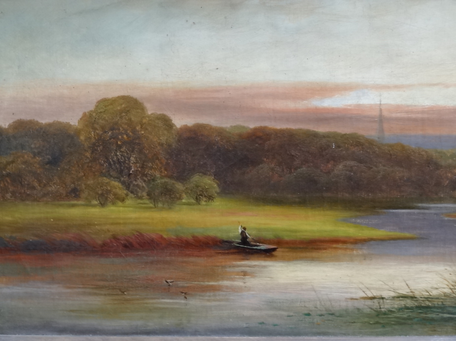 Anonymous. (19thC School) Punting on a river with church beyond. Oil on canvas, in gilt frame. 31 cm