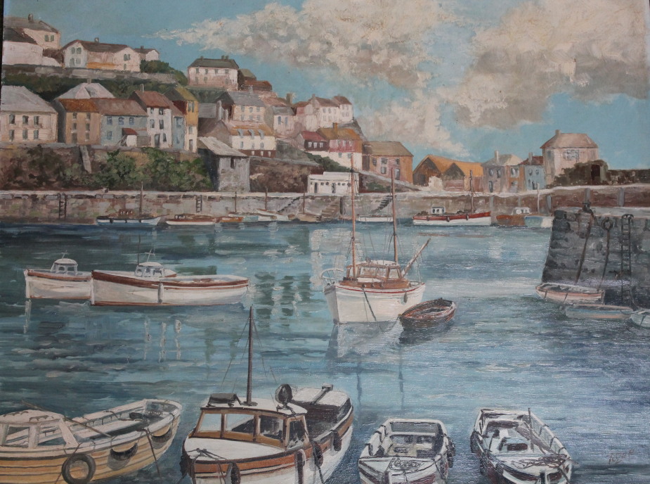 H. E. Tozer FRSA. A view of Mevagissey harbour, Cornwall, oil painting on canvas, laid on board,