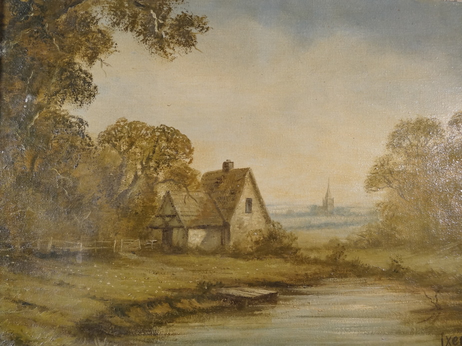 Robert Ixer (20thC School). Cottage by a river with church beyond, oil on canvas, 31 cm x 41 cm