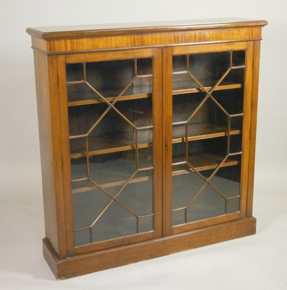 An early 20thC mahogany bookcase, with two astragal glazed doors on a plinth base, 120cm wide.