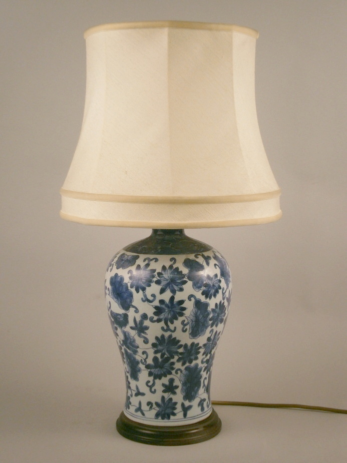A modern Chinese porcelain lamp base, from the John Lewis Classic Collection and a shade, the base
