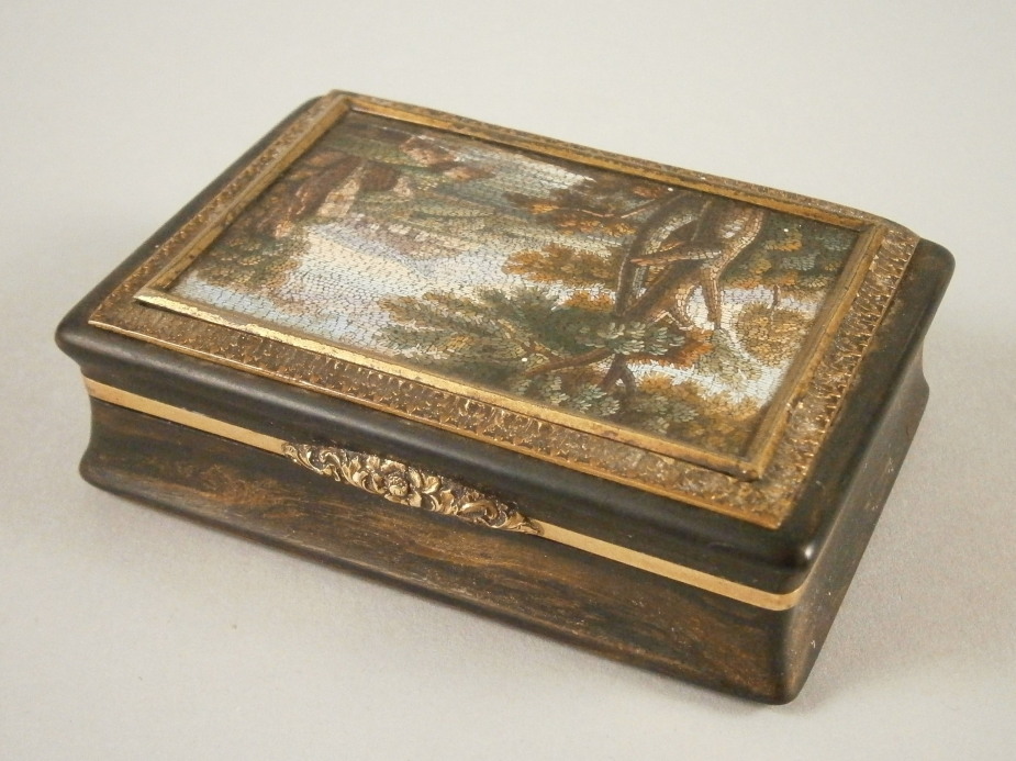 A mid 19thC Italian tortoise-shell and micro mosaic snuff box, the rectangular top inset with a