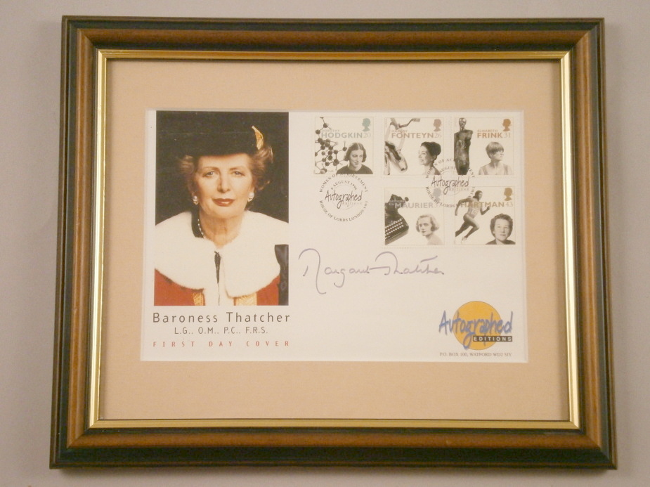 An autographed edition first day cover signed by Baroness Thatcher, 14cm x 20cm.