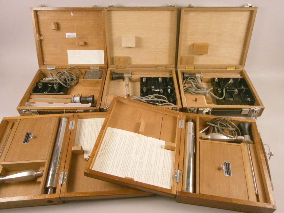 Five Customs & Excise optical endoscopes, for rummaging work, each in a mahogany veneered case