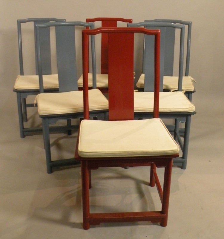 A set of six Chinese style dining chairs, each with a solid splat and seat, four painted blue, two
