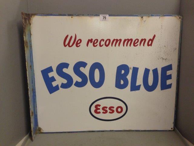 An Esso Blue rectangular double sided enamel sign with hanging flange, 22 x 18".