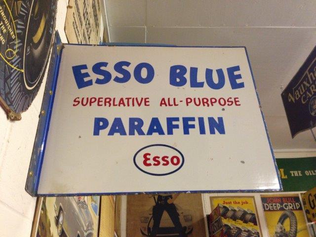 An Esso Blue Superlative All-Purpose Paraffin double sided enamel sign with hanging flange, 22 x