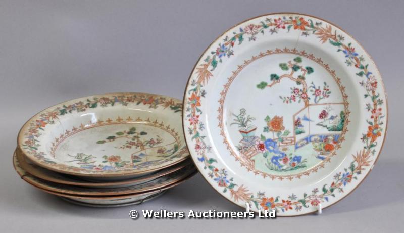 "Five Chinese famille rose porcelain plates/soup plates, decorated with peonies in gardens/pots,