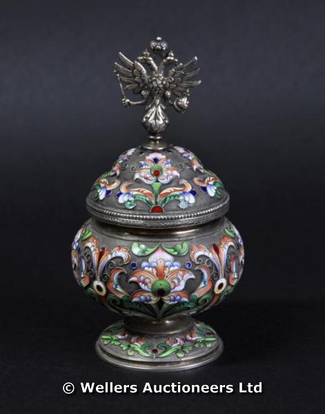 "A Russian silver and enamelled footed bowl and cover, scrolling foliage decoration, the cover