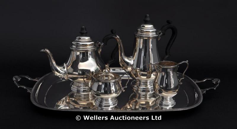 "A silver tea & coffee set, with matching tray, comprising of teapot, plain moulded form, 19cm high,