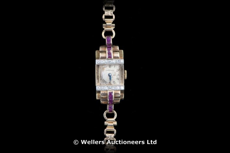 "Ladies` Garrard & Co Art Deco ruby and diamond cocktail watch, dial marked Garrard, six square