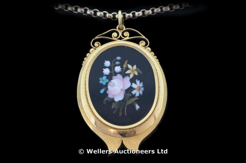 Victorian mosaic pendant with a glass back set in yellow metal on a yellow metal belcher chain