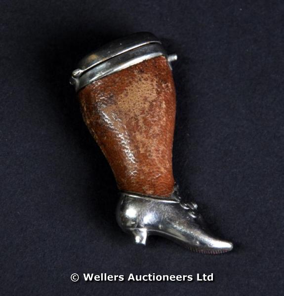 "A silver plated & leather vesta case in the form of a ladies leg with shoe, 5.5cm "