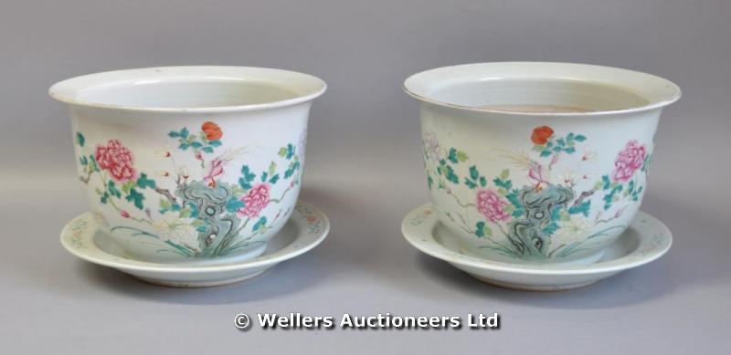 "A pair of Chinese famille rose porcelain jardiniere and stands, circular, 28cm diam. (4)  "