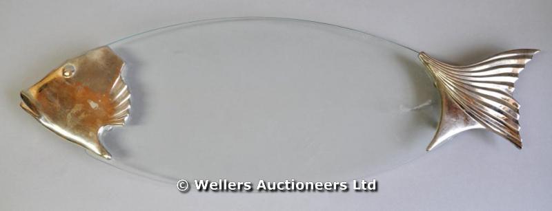 "A white metal and glass salmon plate in the form of a fish, 62cm max. "