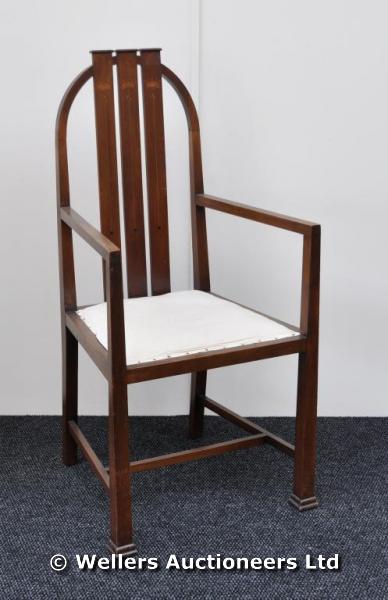 "An unusual Arts and Crafts side chair, the tall hoop back with three long splats inlaid with