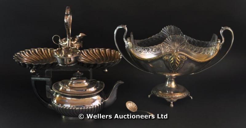 "A silver plated centrepiece of boat form, with cut glass liner; a teapot; and a nut tray (3) "