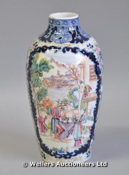 "Chinese famille rose porcelain baluster vase, the scenes painted within cobalt blue and scroll