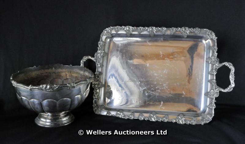 "A silver plated copper bowl and tray, decorated with vines"