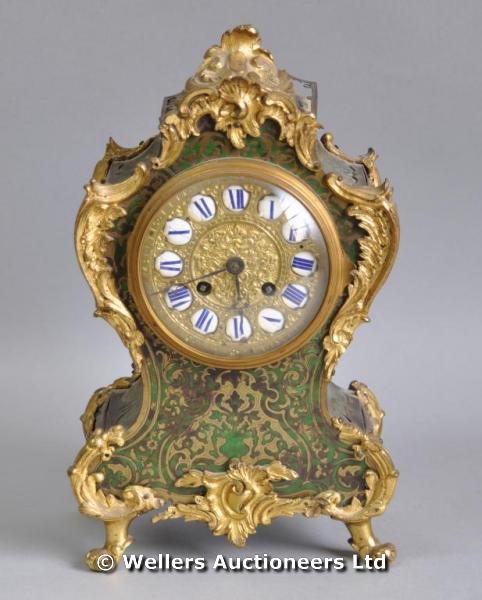 "A Japy Frere and Cie French `green tortoiseshell` boule mantel clock, balloon shaped case of Rococo