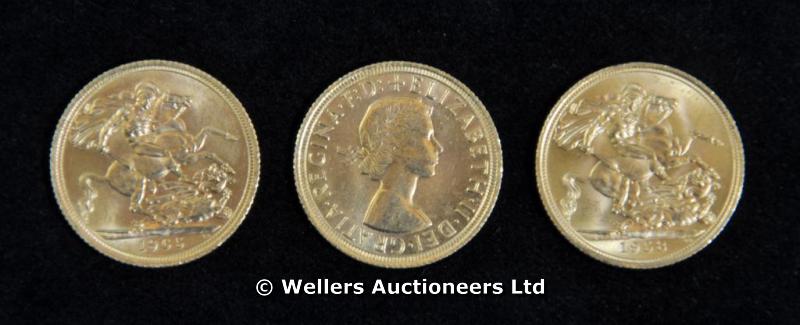 "Elizabeth II, gold sovereigns (3), 1958, 1965 (2), about extremely fine (3) "