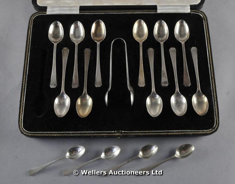 "Eleven silver spoons, with four matching spoons, smaller, Sheffield 1933; and a pair of plated