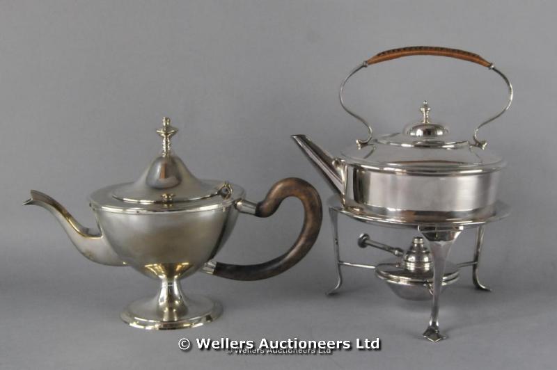 An Art Deco silver plated sprit tea kettle on stand; and a Mappin & Webb teapot (2)