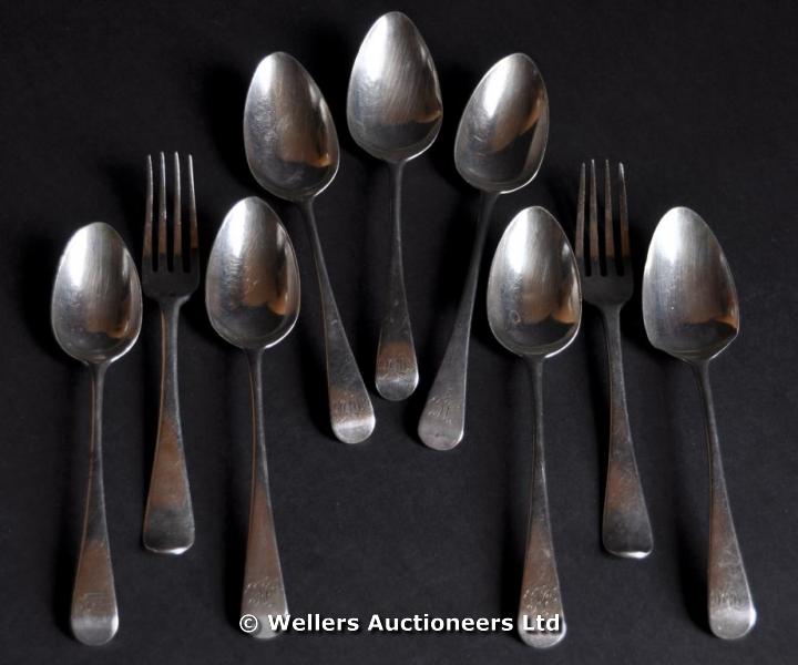 "Six Old English pattern silver dessert spoons, London 1805 (3) & London 1807 (3); another spoon,