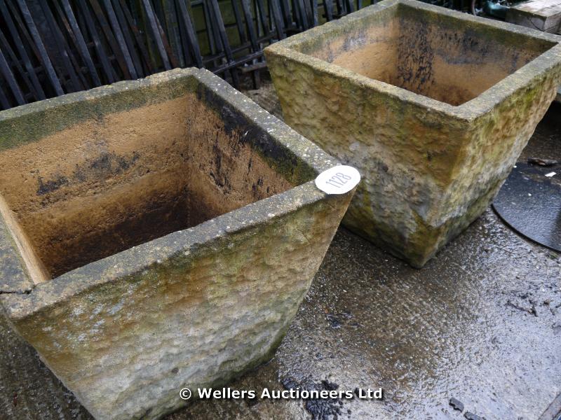 *PAIR OF LARGE RECONSTITUTED STONE PLANTERS WITH PUNCH FACE SIDES