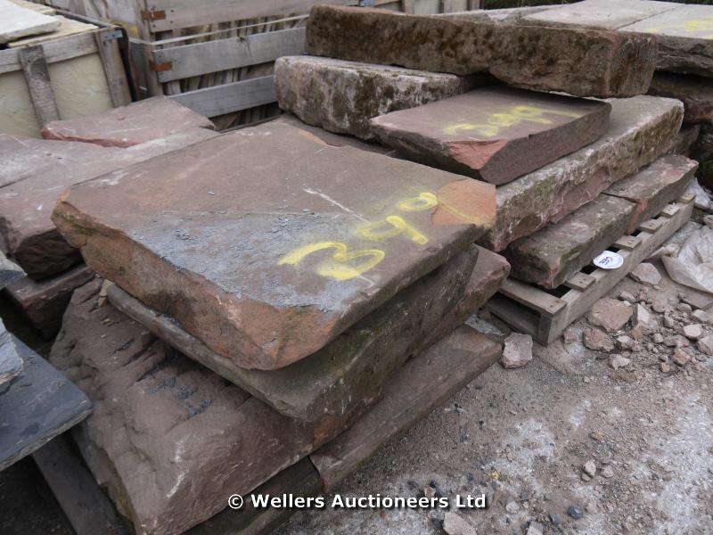 *THREE PALLETS OF APPROX 15 SQUARE YARDS OF RECLAIMED RED SANDSTONE FLAGSTONES