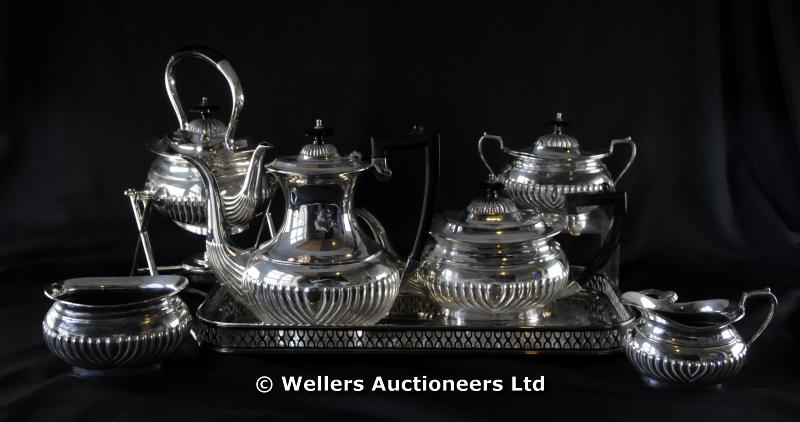 "A Berkingshire EPNS tea/coffee service, comprising tea kettle on stand with burner, teapot, tea