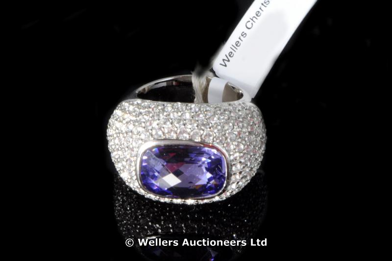 Purple and white Swarovski crystal ring (one micron rhodium plated)