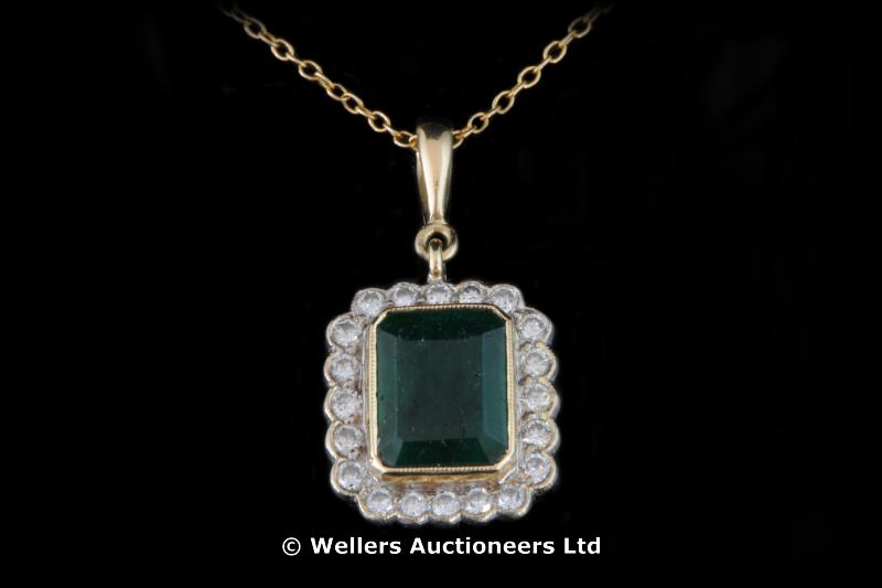 "Emerald and diamond pendant, rectangular cut emerald weighing an estimated 3.85ct, with a