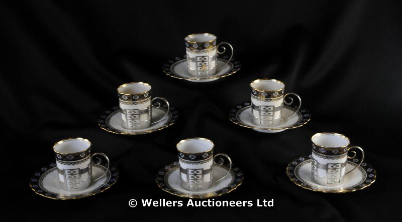 "Six Aynsley coffee cans & saucers, with silver mounts, Sheffeild 1923, 150grs"