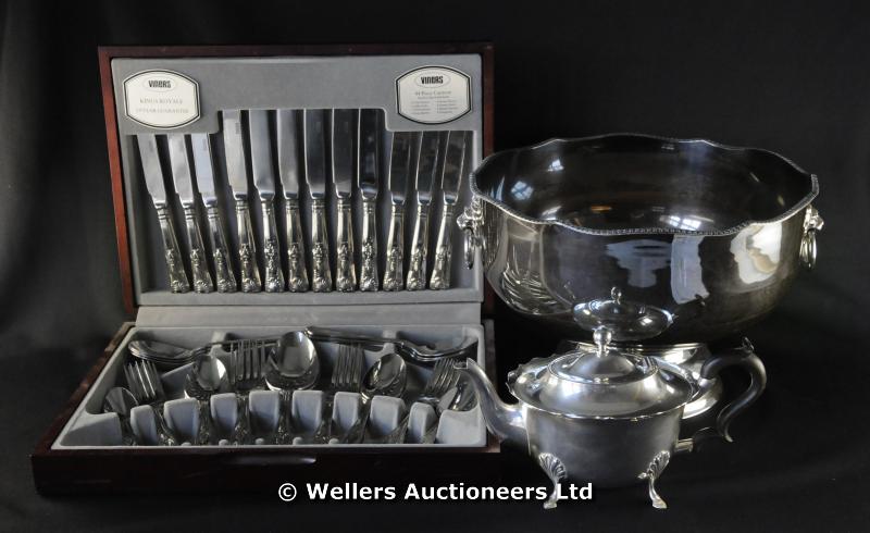 "A Viners King`s pattern six place canteen, boxed; a large silver plated punch bowl with lion`s head