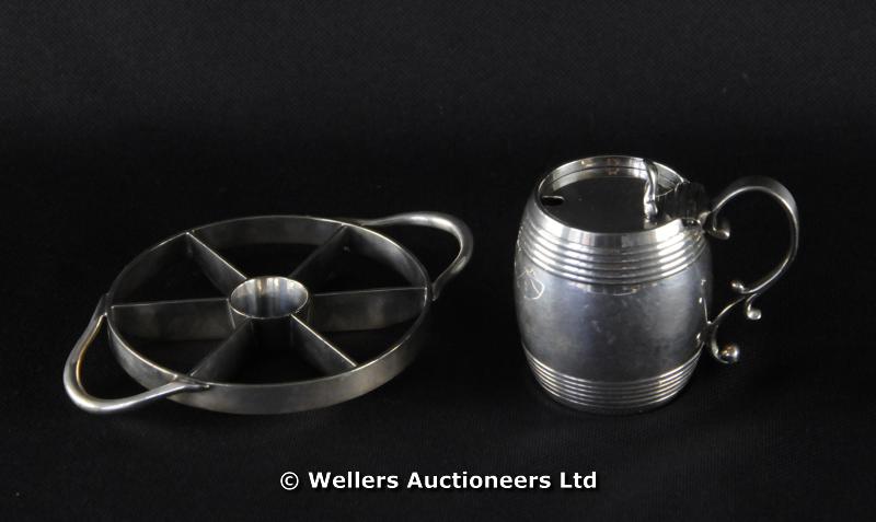 A silver plate Asprey & Co. apple corer; and an Elkington & Co. mustard pot