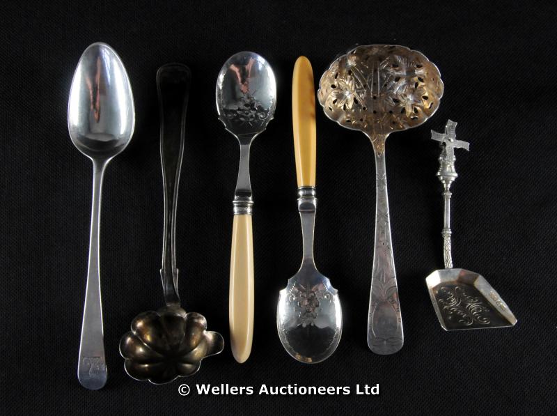 "A sauce ladle; sifter spoon; Dutch sugar spoon; two jam spoons; and a teaspoon, 100grs approx. of