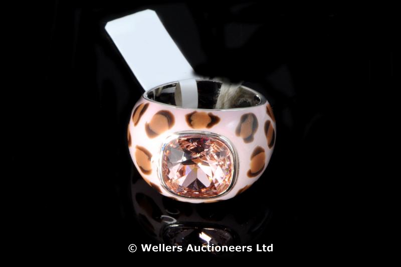 Pink Swarovski crystal ring with animal print enamel surround (one micron rhodium plated)