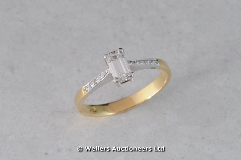 "Single stone diamond ring, emerald cut diamond weighing approximately 0.50cts in a four claw