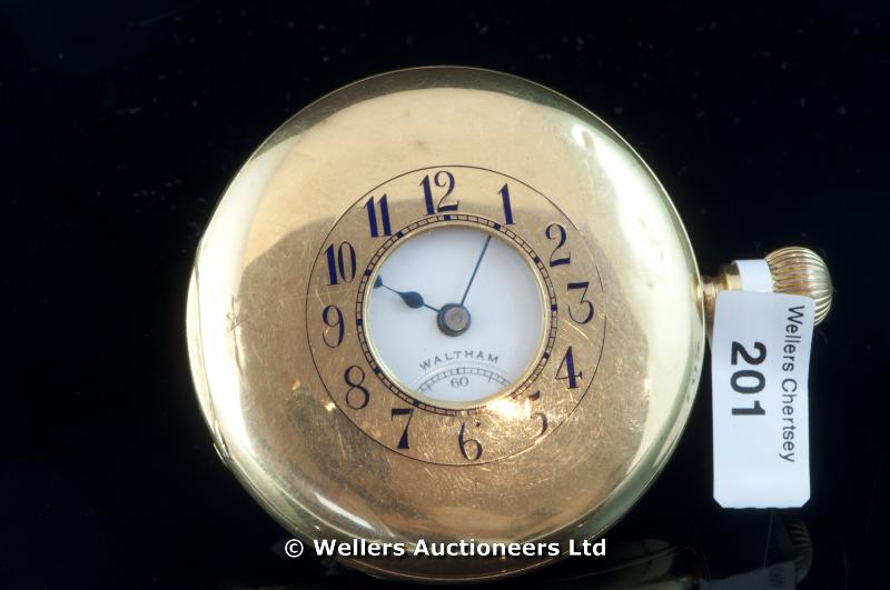 "Waltham 18ct yellow gold half hunting pocket watch, white enamel dial with Arabic numerals and a