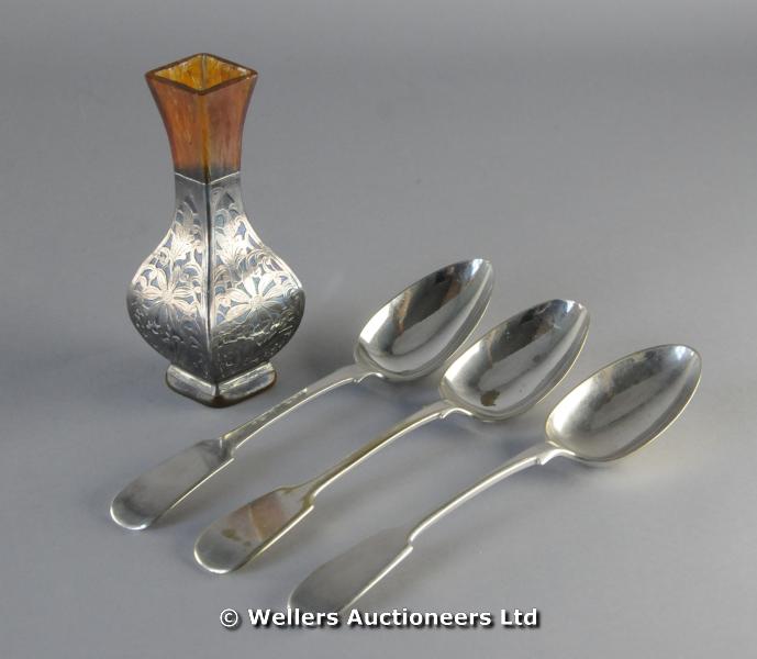 A glass vase with silver openwork overlay; and three silver plated serving spoons