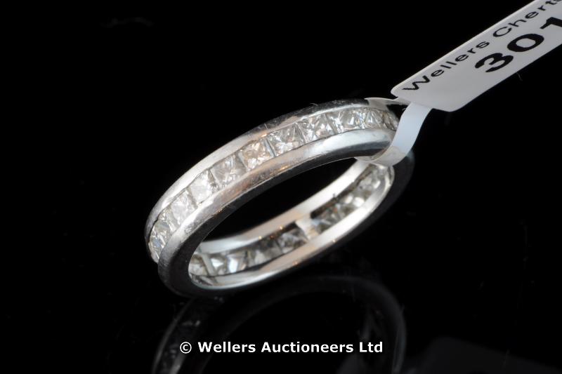 "*Diamond full eternity ring, princess cut diamonds channel set in white metal tested as platinum,