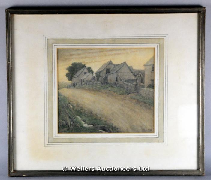 "Patience Hallward - Wayside farm, watercolour, signed with initials, label verso for Merioneth