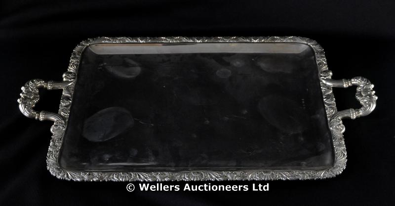 "A German white metal large tray, scallop shell & foliate scroll borders & handles, marked 925,