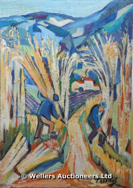 "Trantoux (?) - workers cutting rushes, oil on canvas, unframed, 65 x 93cm "