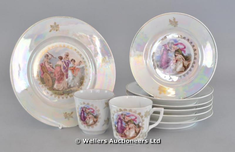 "Late 19thC lustre tea & coffee ware, central panel depicting chariot & Grecian lady; and a trio