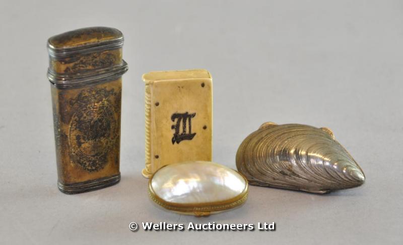 An etui with crested case; a white metal mussel shell snuff box; a mother of pearl shell gilt