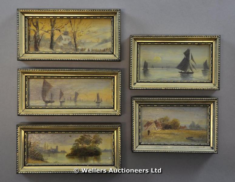 "Five miniature landscapes, painted on milk glass, unsigned, 4 x 10cm approx."