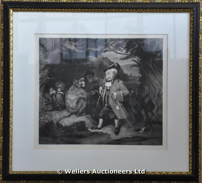 "A black and white engraving of a traveller with a monkey, after Landseer, Hogarth frame, 42 x